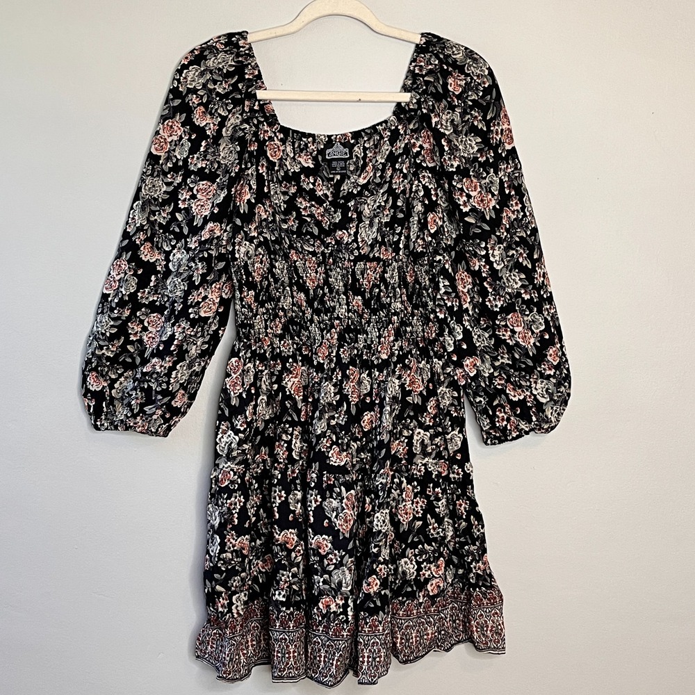 Angie‎ Black Floral Smocked Mini Dress Puff Sleeves Sz L Bohemian Babydoll Rodeo